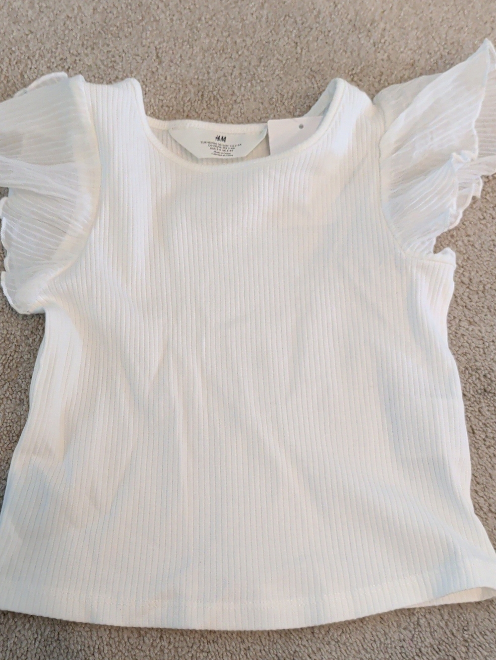 H&M 3/4T White Ruffle Sleeve Ribbed Toddler Shirt NWT